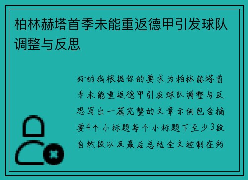 柏林赫塔首季未能重返德甲引发球队调整与反思